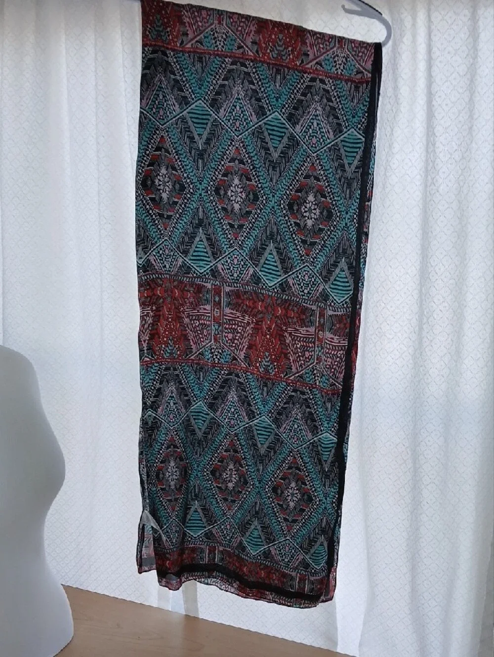 Geometric Tribal Print Lightweight Scarf Wrap - Black, Teal & Red